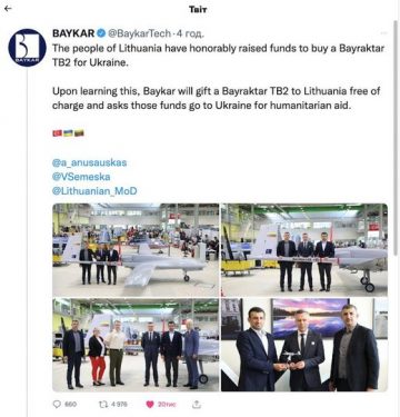 Baykar of Turkey Donates Bayraktar TB2 Drone and Funds Raised by People of Lithuania Help with Ammunition and Humanitarian Aid