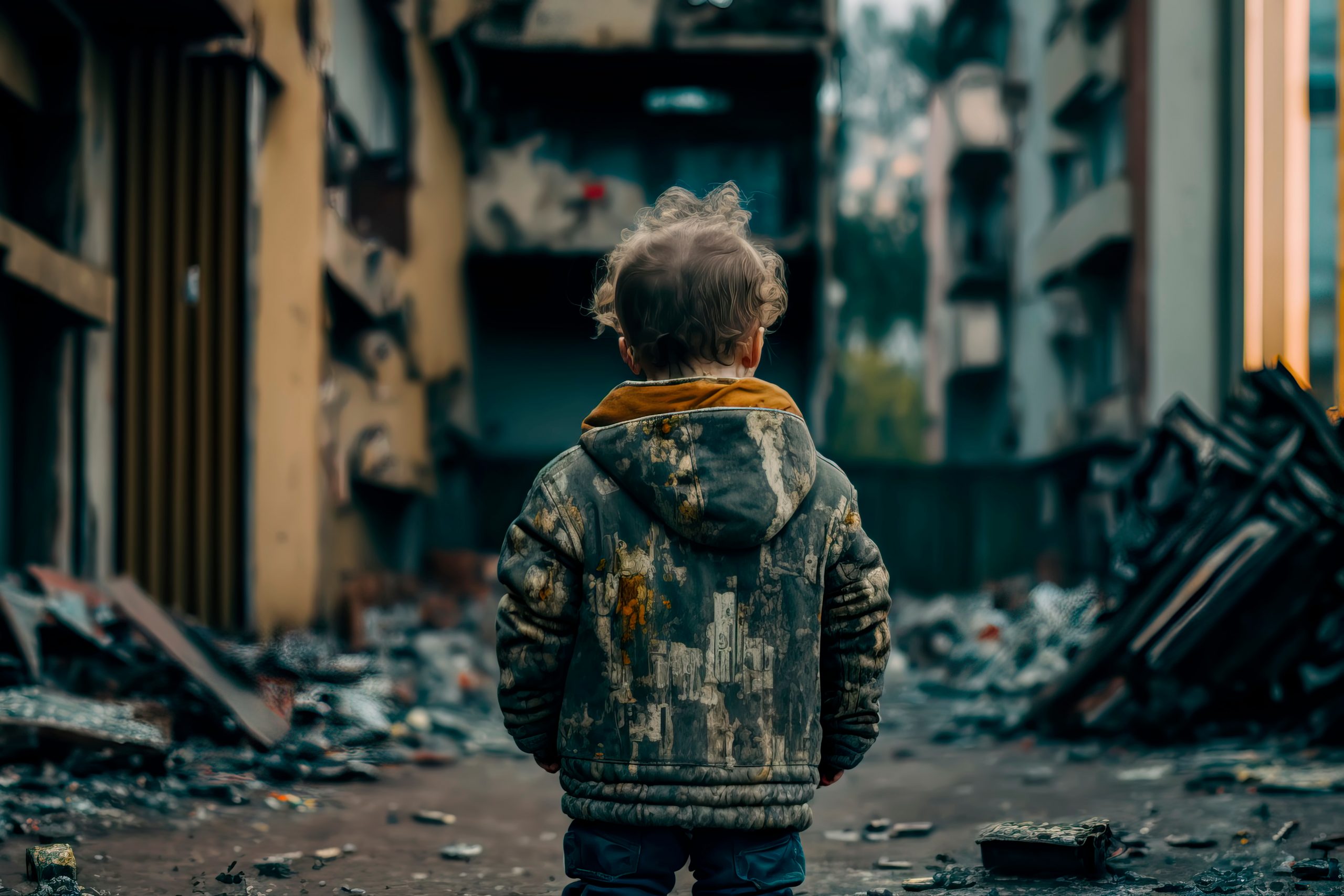 child on the street - destroyed house