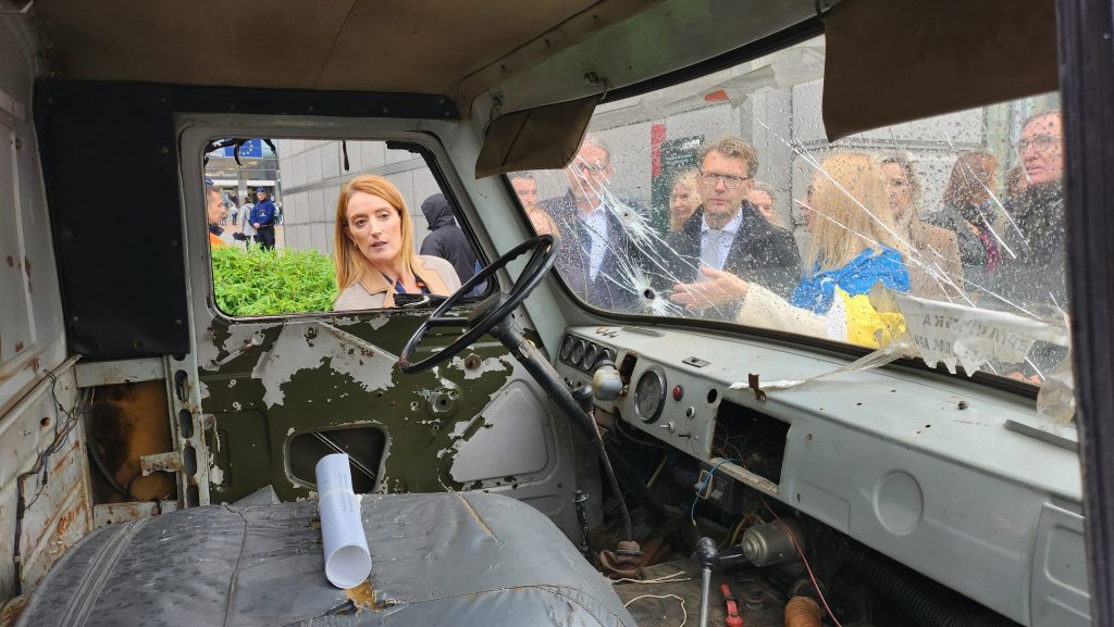 an inauguration of a shooted ambulance from Ukraine 